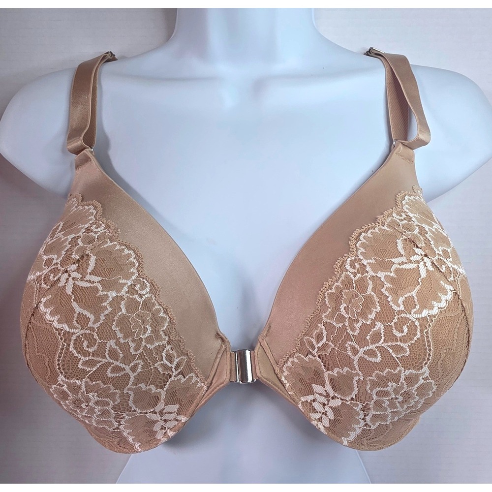 Soma Vanishing Back Front Close Lace Trim Bra Tan Nude 38D Underwire 011801